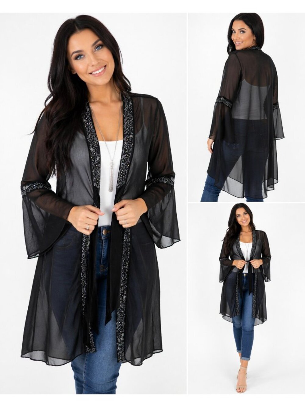 Vintage Robe Black  Yasmin Sheer Kimono Duster Sz XL Trim Tie Front Boho Sexy